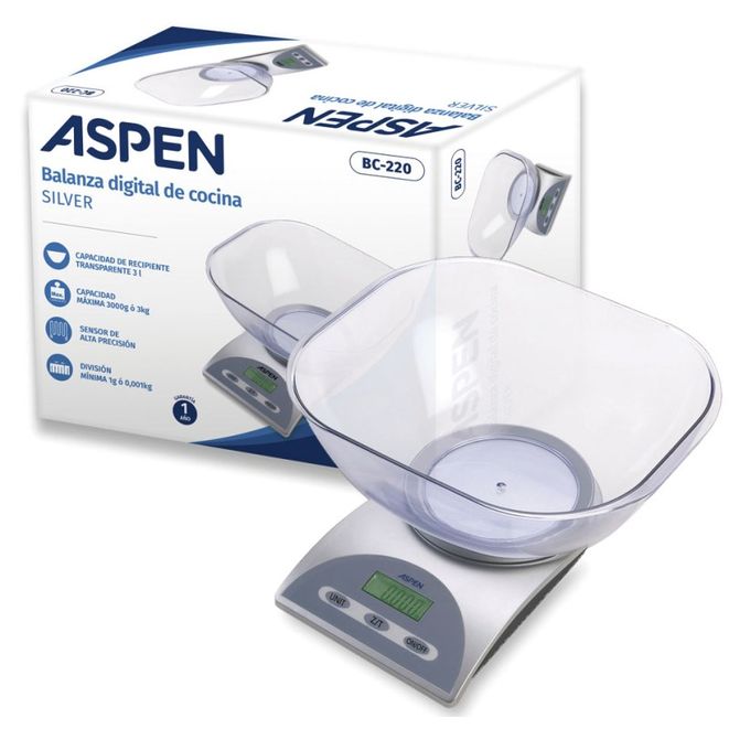 BALANZA ASPEN BC-220 DE COCINA DIG. SILVER 3K
