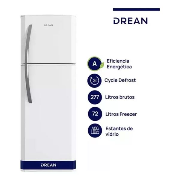 HELADERA DREAN HDR280F50B BLANCA 277LT ESTANTES DE VIDRIO A+