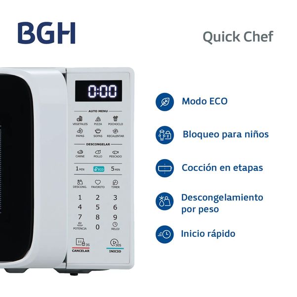 MICROONDAS BGH B120DB20I ECO 20LT DIG. BLANCO