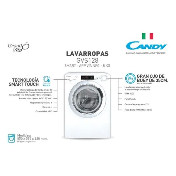 LAVARROPAS CANDY GVS128T 8KG 1200RPM BLANCO