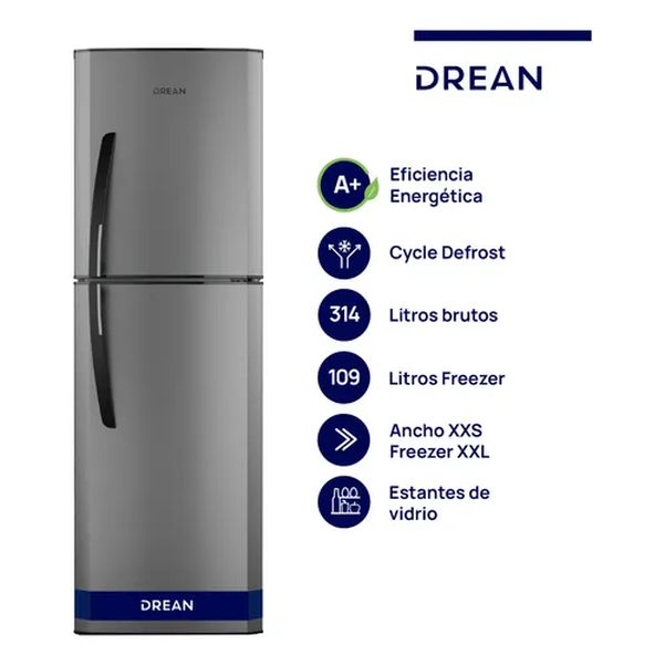 HELADERA DREAN HDR320F50E GRIS 314LT A+ ESTANTES DE VIDRIO