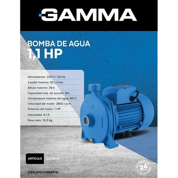 BOMBA DE AGUA GAMMA G2788AR 1HP CENTRIFUGA