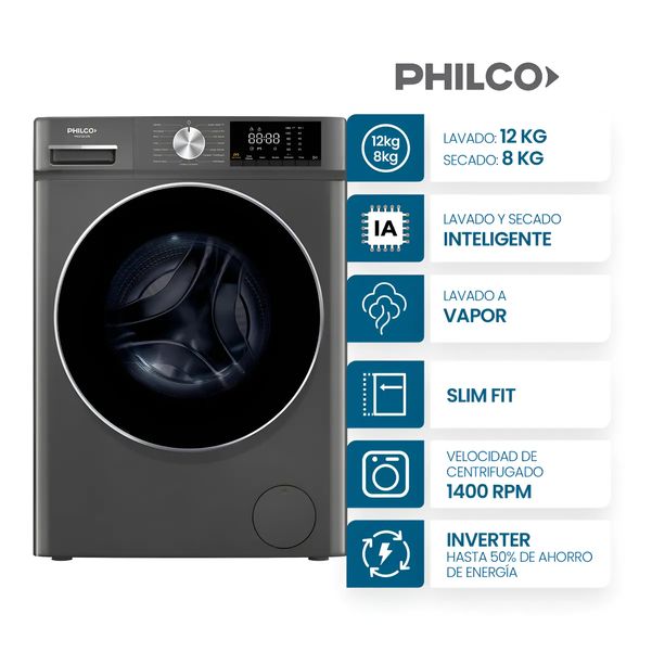 LAVASECARROPAS PHILCO PHLS128-2TN 12/8KG INVERTER GRIS