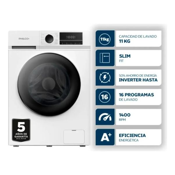LAVARROPAS PHILCO PHLFA11C3ABN 11KG 1400RPM INVERTER BLANCO